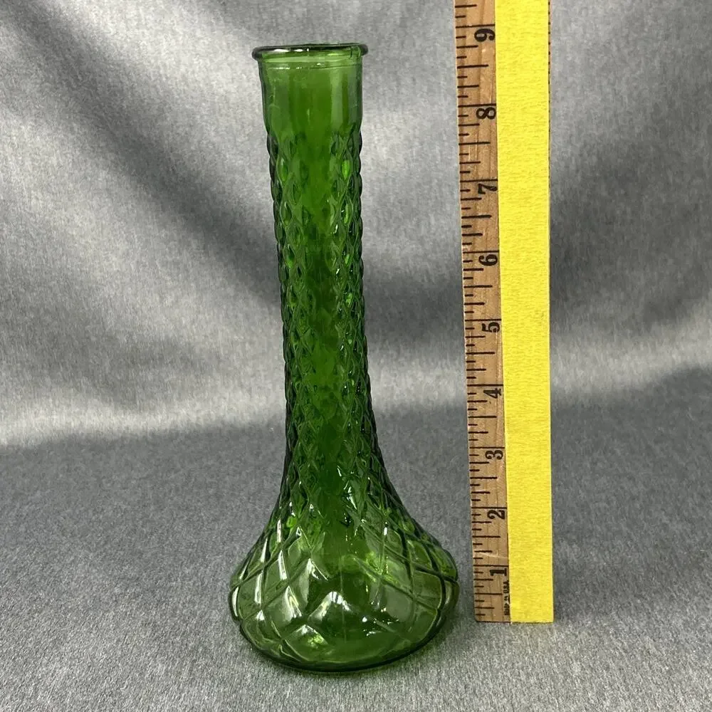 Vintage Hoosier Glass Emerald Green Bud Vase Quilted Diamond Pattern 9 Inch 4096